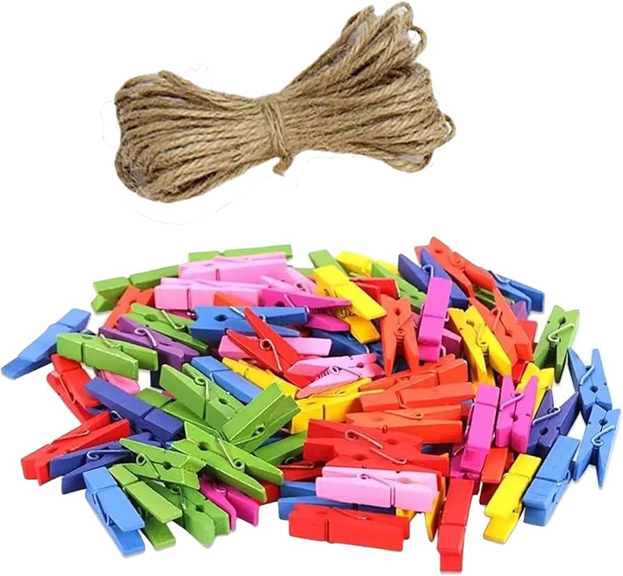 Mini Wooden Clothpins (50Pcs) with Jute Twine String
